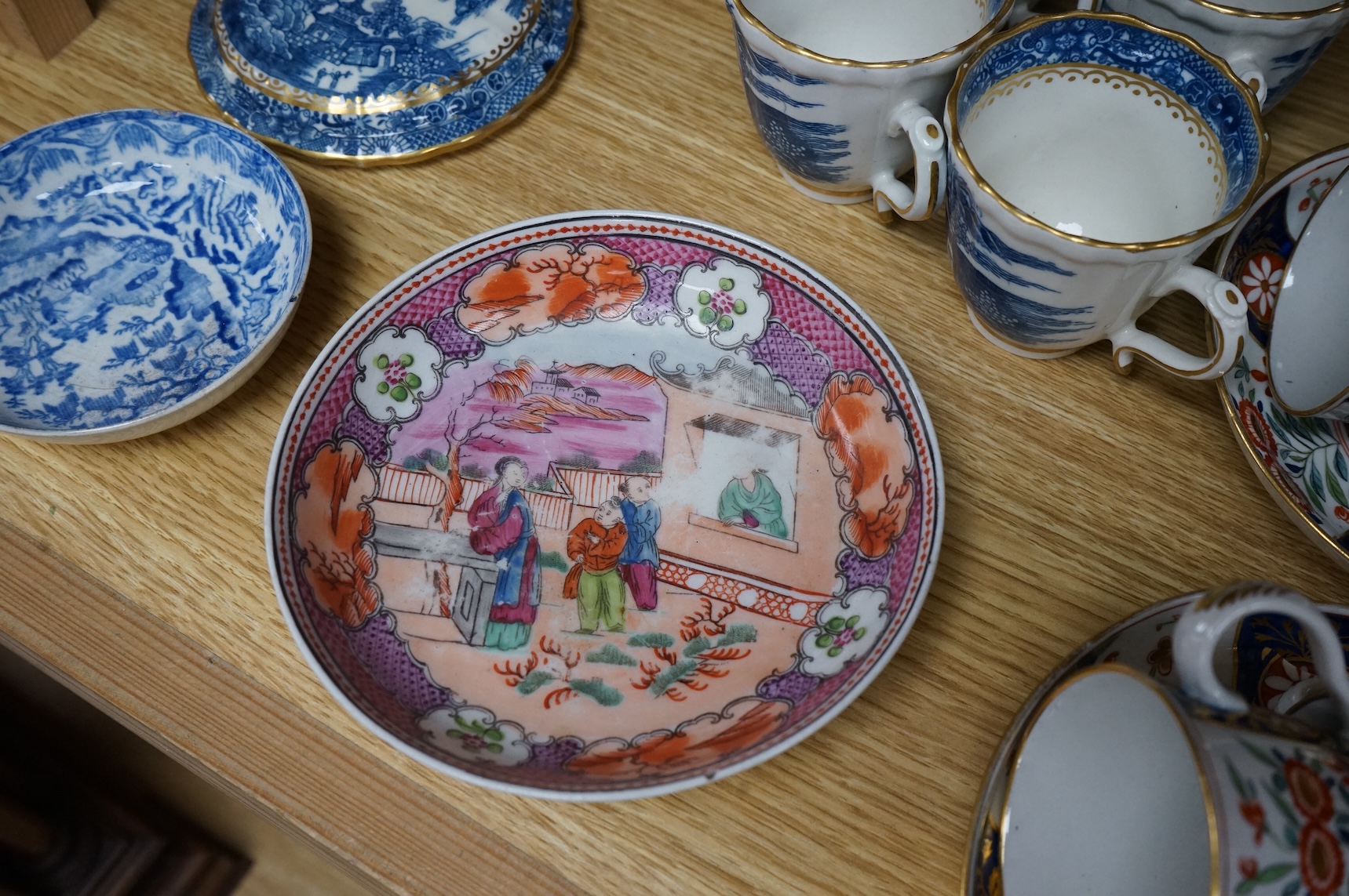 A group of late 18th century Worcester kakiemon pattern tea and coffee wares together with Worcester and Caughley Willow type pattern blue and white coffee ware